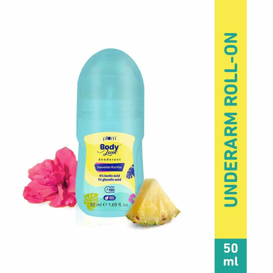 Plum BodyLovin' Hawaiian Rumba Deodorant Roll On | 4% Lactic Acid & 1% Glycolic Acid | 50 ml