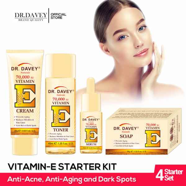 Dr. Davey Vitamin-E Starter Kit All Natural Ingredients For Anti Acne and Anti Wrinkle, Anti Aging, Complete set of Soap, Toner, Face Cream and Serum