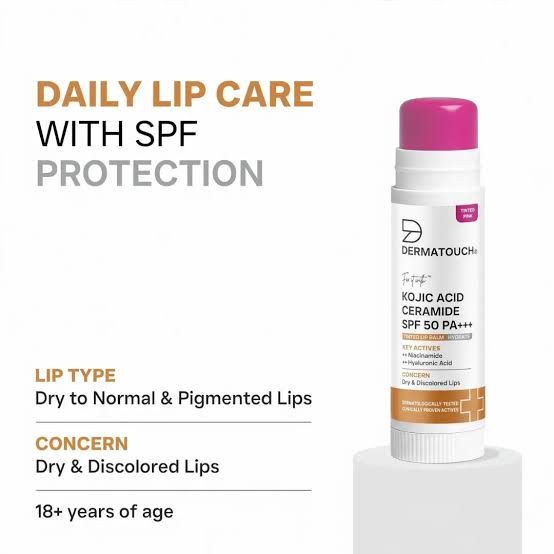 Dermatouch Kojic Acid Ceramide SPF 50 PA+++ Lip Balm for Dry & Discolored Lips 5g •- Tinted Pink