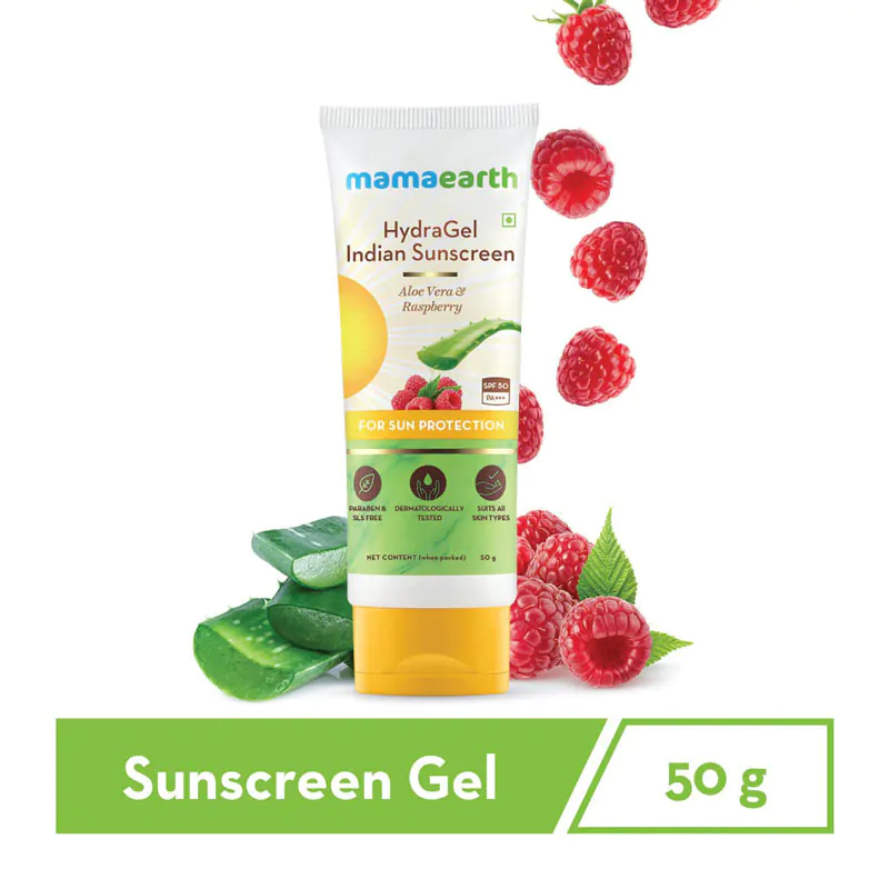 MamaEarth HydraGel Indian Sunscreen with Aloe Vera and Raspberry for Sun Protection SPF 50 - Latest Batch