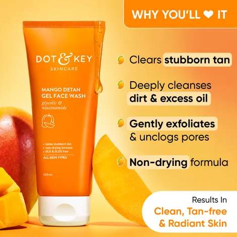 Dot and Key Mango Detan Gel Facewash with Glycolic and Niacinamide for All Skin Types  100 ml