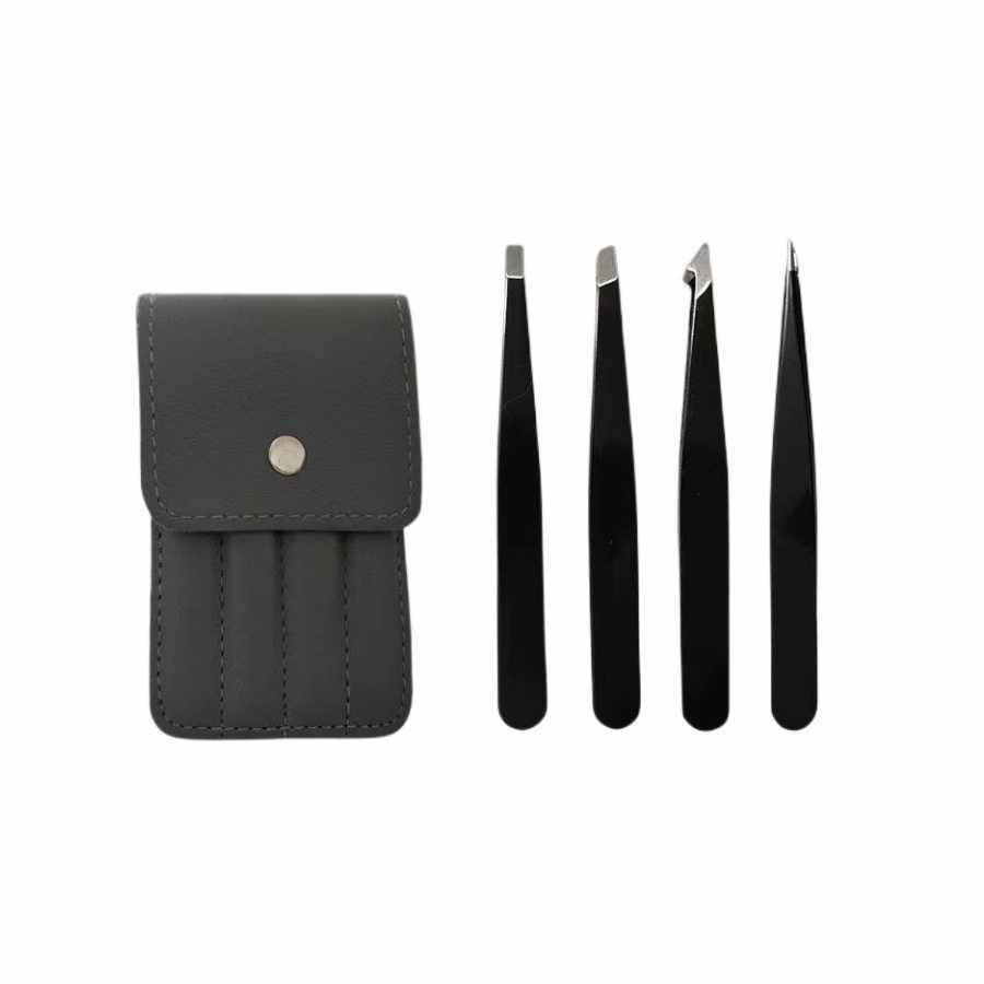 Stainless steel  eyebrow and eyelash tweezers set with pouch bag (Random Color)
